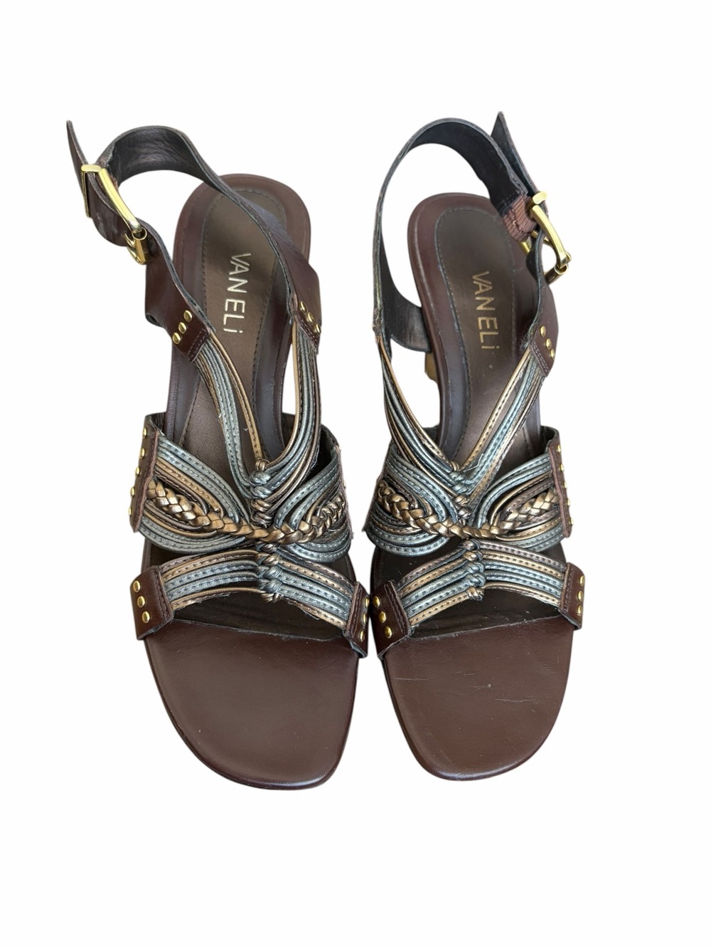 Vaneli Brown Leather Braided Slingback Kitten Heel Sandals Metallic